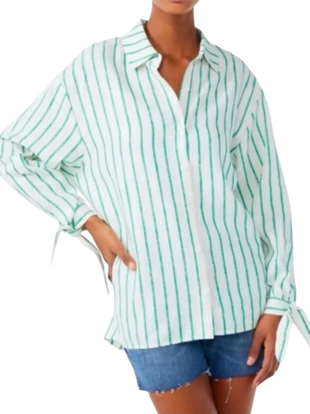 Scoop Green White Stripe Linen Blend Long Sleeve Button Front Shirt Sz XL